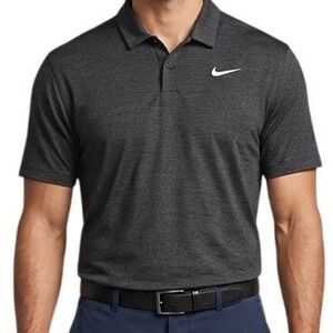 Nike Dri-FIT Polo Shirt Mens‎ Large Black Grey Pin Striped Short Sleeve Golf Top